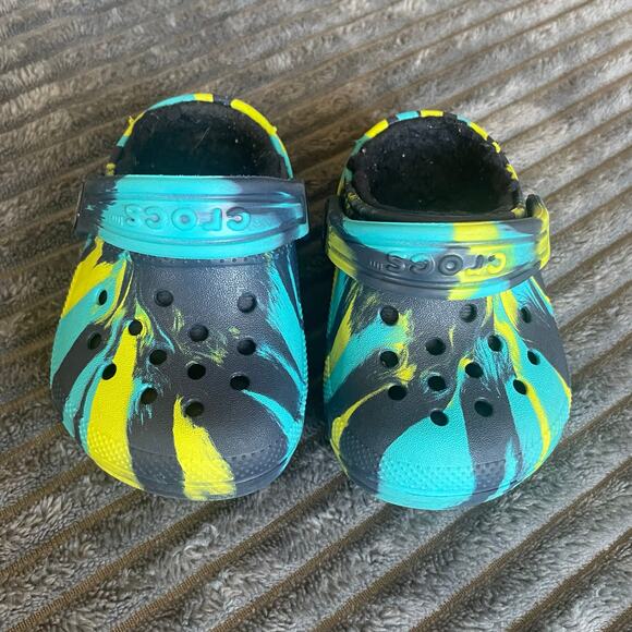 Crocs Classic Lined Clogs Baby Size 4  Multicolor Marbled Blue Navy Yellow - Picture 1 of 8